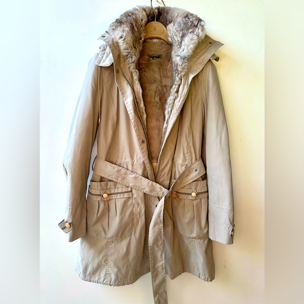 Genuine Rabbit Fur Lined Women's Beige Parka Coat, Jacket, 55, S
